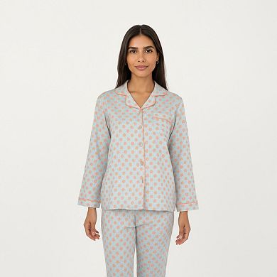 Women's 2-Piece Set Long Sleeve Button-Up Pajama Top with Matching Relaxed Fit Printed Pants