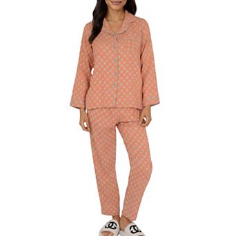 Women's 2 pc Set Long Sleeve Button-Up Pajama Top with Matching Relaxed Fit Printed Pants