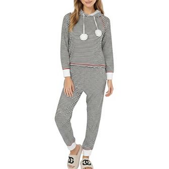 Women's 2 pc Set Long Sleeve Pullover Top with Fuzzy Collar and Relaxed Fit Pants Pajama Set