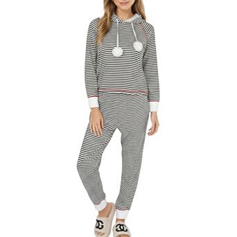Women's 2 pc Set Long Sleeve Pullover Top with Fuzzy Collar and Relaxed Fit Pants Pajama Set