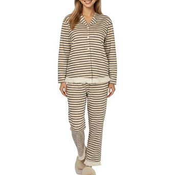 Women's Long Sleeve Button Front Top with Built-In Chest Pads and Relaxed Fit Pants Pajama Set