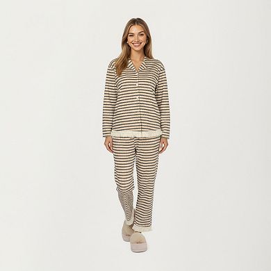 Women's Long Sleeve Button Front Top with Built-In Chest Pads and Relaxed Fit Pants Pajama Set