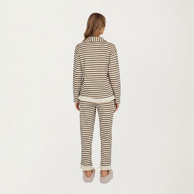 Women's Long Sleeve Button Front Top with Built-In Chest Pads and Relaxed Fit Pants Pajama Set