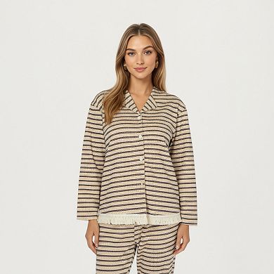 Women's Long Sleeve Button Front Top with Built-In Chest Pads and Relaxed Fit Pants Pajama Set