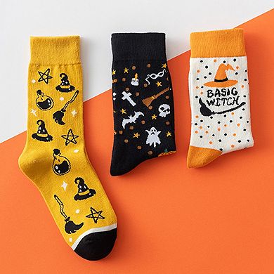 Women's 3-Pack Halloween Cotton Crew Socks with Festive Patterns