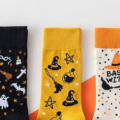 Women's 3-Pack Halloween Cotton Crew Socks with Festive Patterns