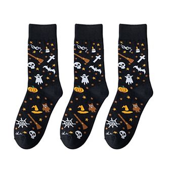 Women's 3-Pack Halloween Cotton Crew Socks with Festive Patterns