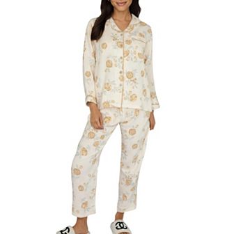 Women's 2 pc Set Button-Up Floral Print Long Sleeve Sleep Shirt with Matching Relaxed Fit Pants