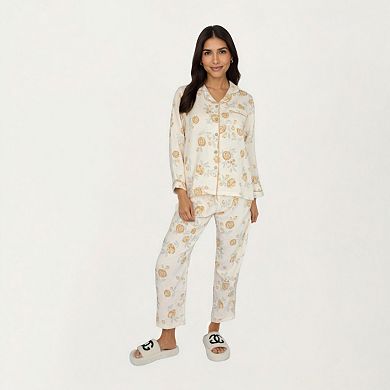 Women's 2-Piece Set Button-Up Floral Print Long Sleeve Sleep Shirt with Matching Relaxed Fit Pants
