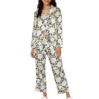 Women's 2 pc Set Long Sleeve Button Front Pajama Set with Floral Print and Soft Silky Fabric
