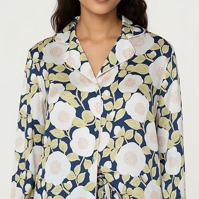 Women's 2-Piece Set Long Sleeve Button Front Pajama Set with Floral Print and Soft Silky Fabric