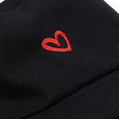 Women's Cotton Bucket Hat with Red Heart Embroidery and Wide Brim