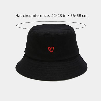 Women's Cotton Bucket Hat with Red Heart Embroidery and Wide Brim
