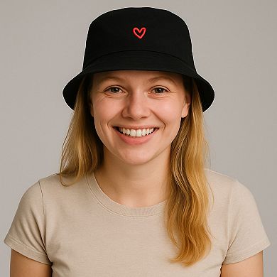 Women's Cotton Bucket Hat with Red Heart Embroidery and Wide Brim