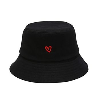 Women's Cotton Bucket Hat with Red Heart Embroidery and Wide Brim