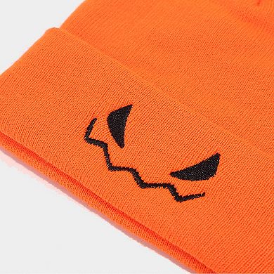Women's Knit Beanie Hat with Pumpkin Face Embroidery Halloween Themed Design