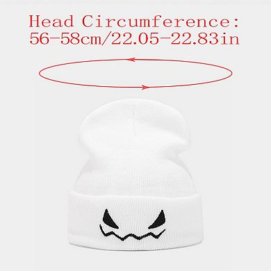 Women's Knit Beanie Hat with Pumpkin Face Embroidery Halloween Themed Design