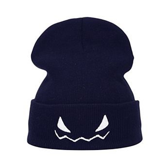 Women's Knit Beanie Hat with Pumpkin Face Embroidery Halloween Themed Design