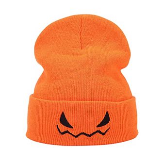 Women's Knit Beanie Hat with Pumpkin Face Embroidery Halloween Themed Design