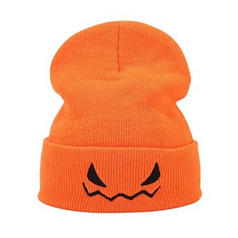 Women's Knit Beanie Hat with Pumpkin Face Embroidery Halloween Themed Design
