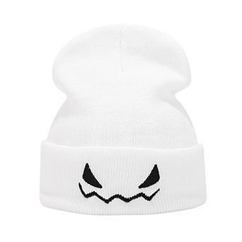Women's Knit Beanie Hat with Pumpkin Face Embroidery Halloween Themed Design