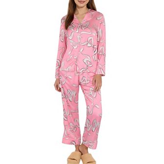 Women's 2 pc Set Long Sleeve Button Front Pajama Set with Ribbon Print and Soft Silky Fabric