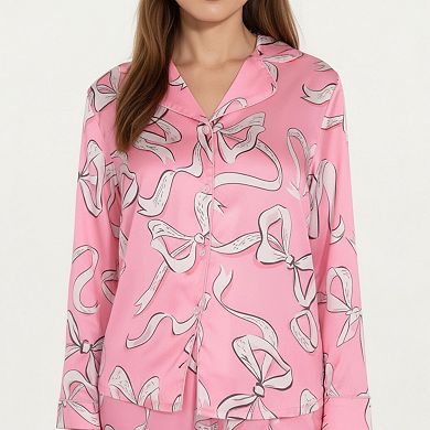 Women's 2-Piece Set Long Sleeve Button Front Pajama Set with Ribbon Print and Soft Silky Fabric