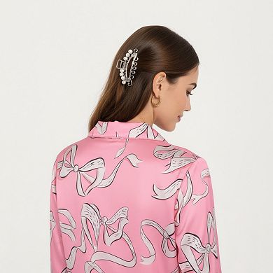 Women's 2-Piece Set Long Sleeve Button Front Pajama Set with Ribbon Print and Soft Silky Fabric