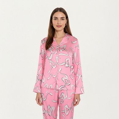 Women's 2-Piece Set Long Sleeve Button Front Pajama Set with Ribbon Print and Soft Silky Fabric