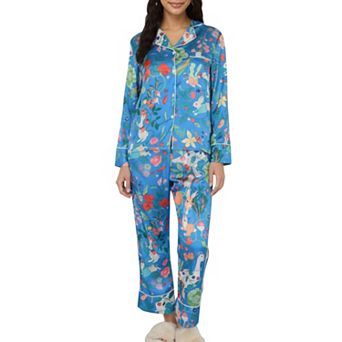 Women's Long Sleeve Button Front Pajama Set with Botanical Animal Print and Soft Silky Fabric