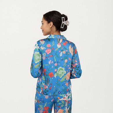 Women's Long Sleeve Button Front Pajama Set with Botanical Animal Print and Soft Silky Fabric
