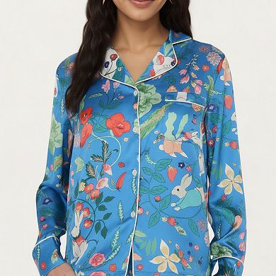 Women's Long Sleeve Button Front Pajama Set with Botanical Animal Print and Soft Silky Fabric