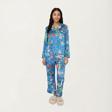 Women's Long Sleeve Button Front Pajama Set with Botanical Animal Print and Soft Silky Fabric