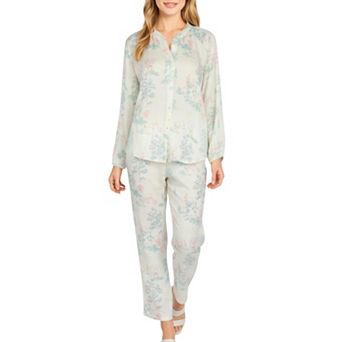 Women's 2 pc Set Long Sleeve Button Front Top and Relaxed Fit Pants Pajama Set with Pastel Print