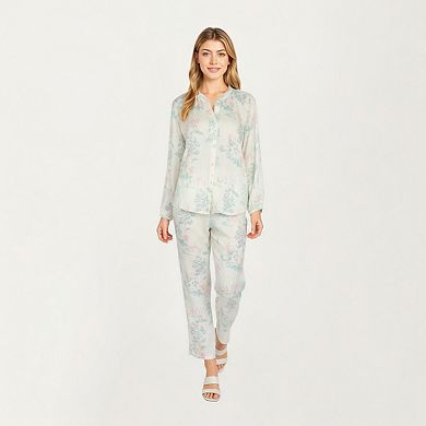 Women's 2-Piece Set Long Sleeve Button Front Top and Relaxed Fit Pants Pajama Set with Pastel Print