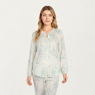 Women's 2-Piece Set Long Sleeve Button Front Top and Relaxed Fit Pants Pajama Set with Pastel Print