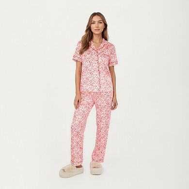 Women's 2-Piece Set Short Sleeve Button Front Pajama Set with Leopard Print and Soft Fabric