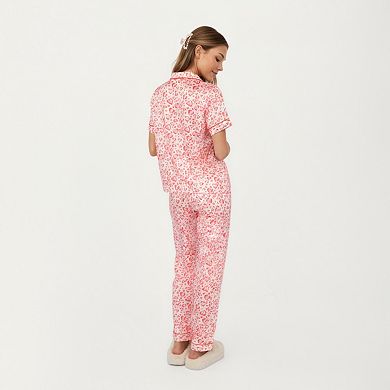 Women's 2-Piece Set Short Sleeve Button Front Pajama Set with Leopard Print and Soft Fabric