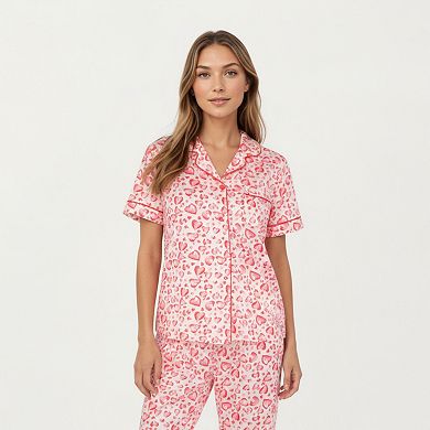 Women's 2-Piece Set Short Sleeve Button Front Pajama Set with Leopard Print and Soft Fabric