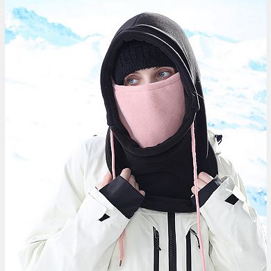 Unisex Fleece Hooded Face Cover with Drawstring Neck Warmer for Cold Weather