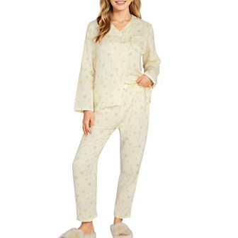Women's 2 pc Set Button Front Pajama Top with Ruffled Collar and Relaxed Fit Pants