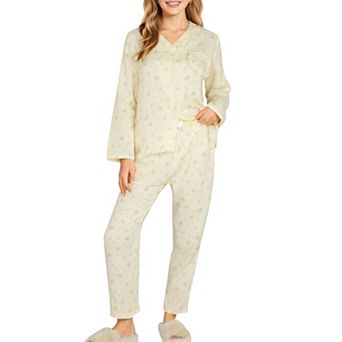 Women's 2 pc Set Button Front Pajama Top with Ruffled Collar and Relaxed Fit Pants