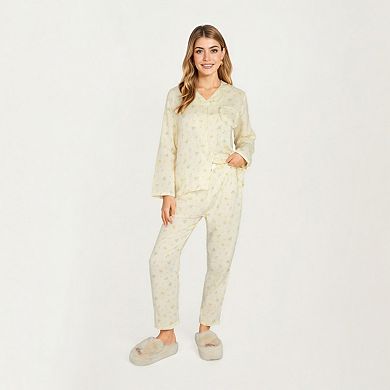Women's 2-Piece Set Button Front Pajama Top with Ruffled Collar and Relaxed Fit Pants