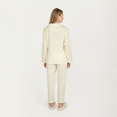 Women's 2-Piece Set Button Front Pajama Top with Ruffled Collar and Relaxed Fit Pants