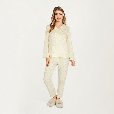 Women's 2-Piece Set Button Front Pajama Top with Ruffled Collar and Relaxed Fit Pants