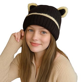 Women's Knit Beanie Hat with Adorable Bear Ears and Soft Ribbed Texture
