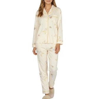 Women's Long Sleeve Button Front Top and Relaxed Fit Pants Pajama Set with Moon and Star Print