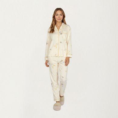 Women's Long Sleeve Button Front Top and Relaxed Fit Pants Pajama Set with Moon and Star Print