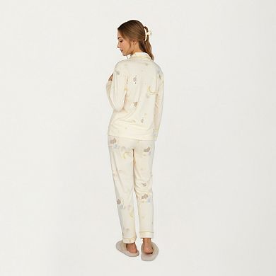 Women's Long Sleeve Button Front Top and Relaxed Fit Pants Pajama Set with Moon and Star Print