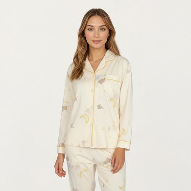 Women's Long Sleeve Button Front Top and Relaxed Fit Pants Pajama Set with Moon and Star Print